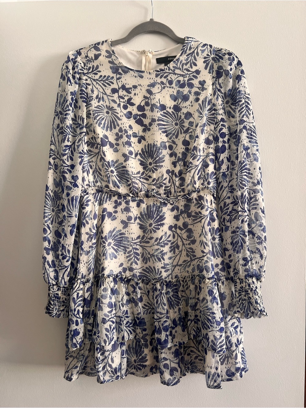 Aqua Cream and Blue Floral Long-Sleeve Tiered Dress